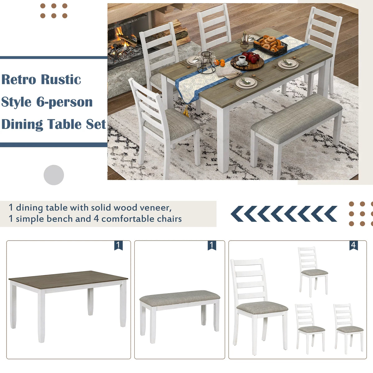 & Brown Room Table Chairs With 4 Style Upholstered Set CoSoTower A Whitewash Rustic Bench, Dining + 6-Piece