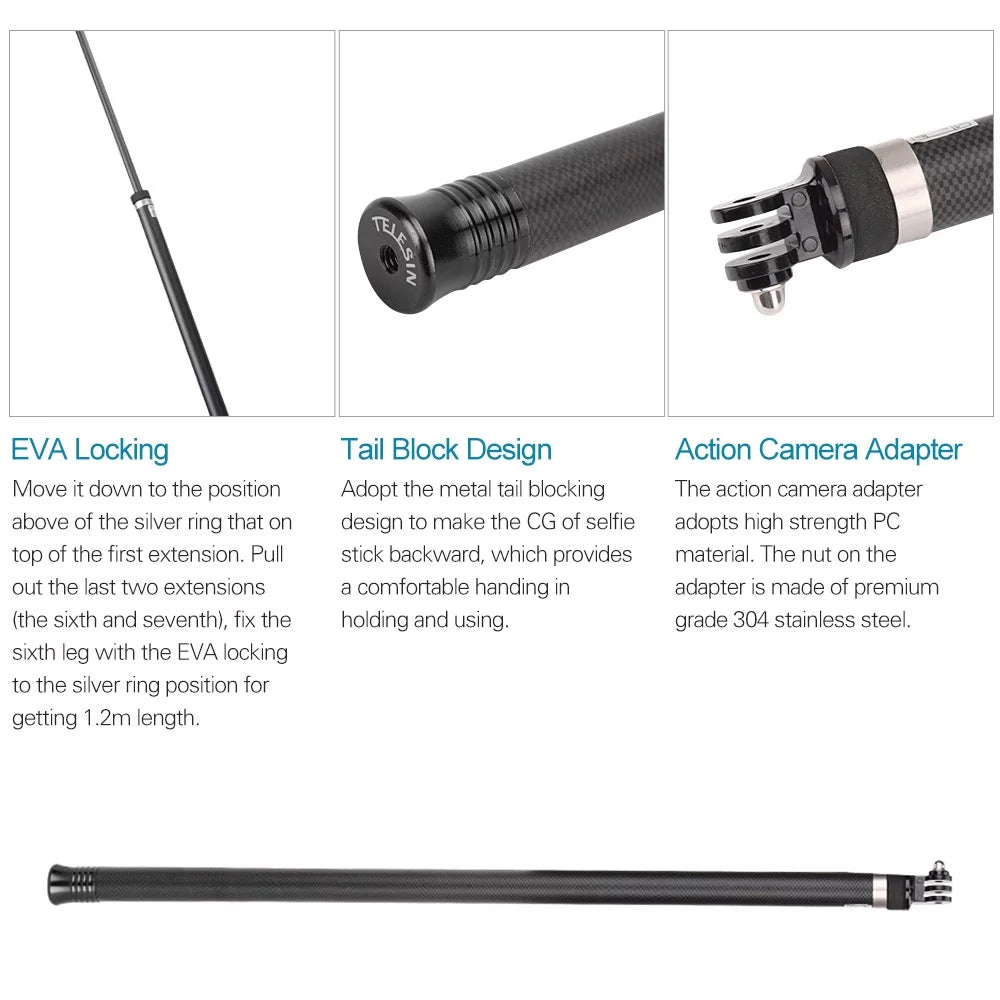 for Monopod Stick Fiber 5 Long OSMO Handheld 11109876Hero Selfie Extendable for 2.7M106 Replacement Replacement Black(2018) R Carbon Hero One Ultra Pole Action Lightweight Inch