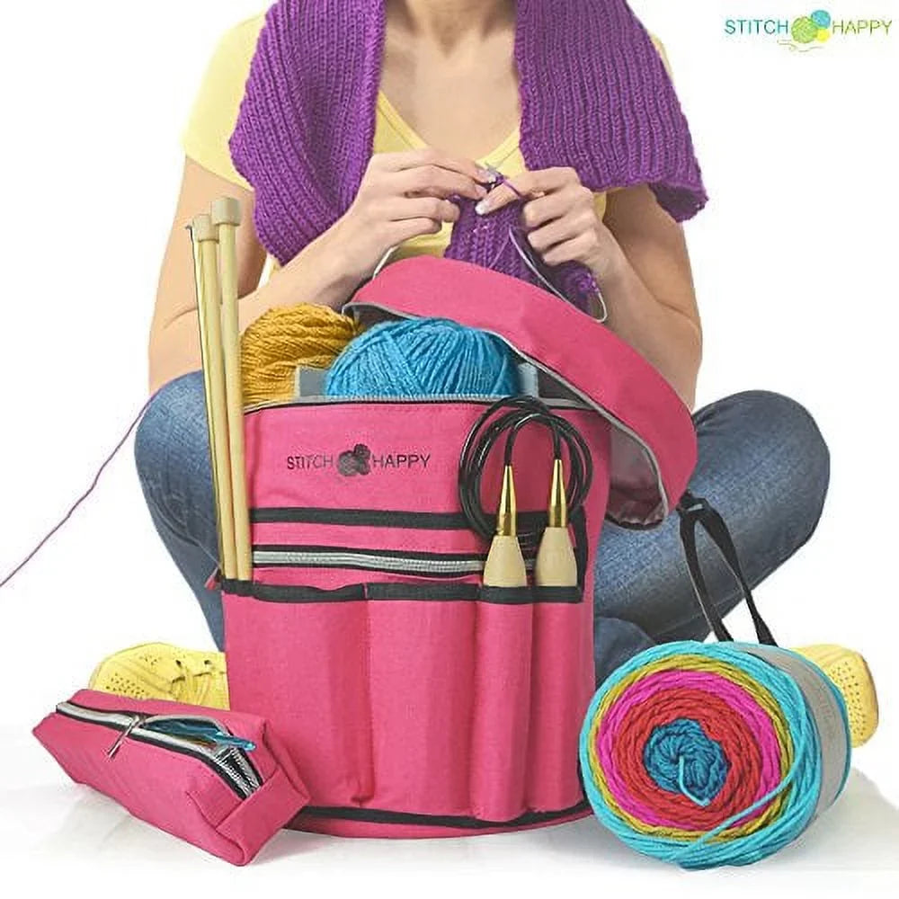 for Supplies by Yarn Storage - & Extra Pockets Knitting Projects, + Organizer Stitch (Fuchsia) Happy Bag Crochet Tote w/Tool 7 Case, of Divider