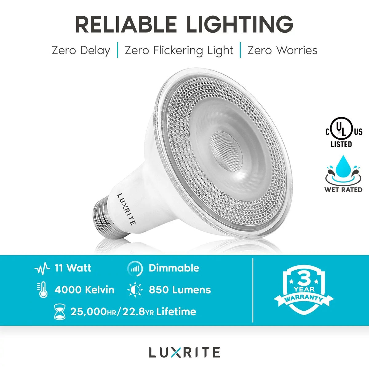 Bulb Luxrite PAR30 Wet 6-Pack Cool Rated 850 Listed 4000K White 11W Dimmable Flood Light E26 LED Lumens UL Base