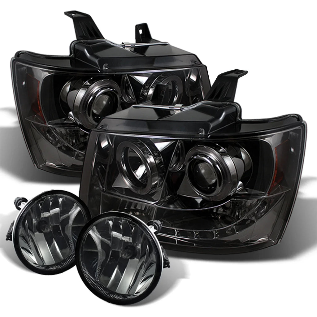Tahoe + Set LED Fits Lens] 2007-2011 - Dual Headlights AKKON Projector Lights Suburban Halo Fog Avalanche [Smoke