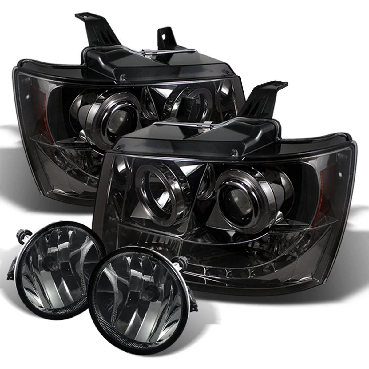 Tahoe + Set LED Fits Lens] 2007-2011 - Dual Headlights AKKON Projector Lights Suburban Halo Fog Avalanche [Smoke