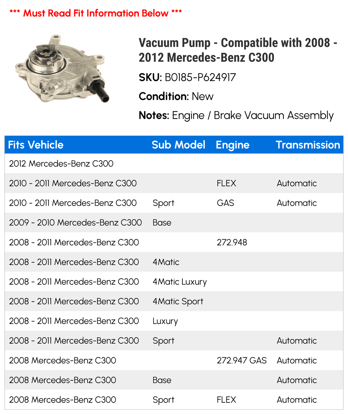with Vacuum 2009 2008 Pump - Compatible 2010 2012 - 2011 C300 Mercedes-Benz