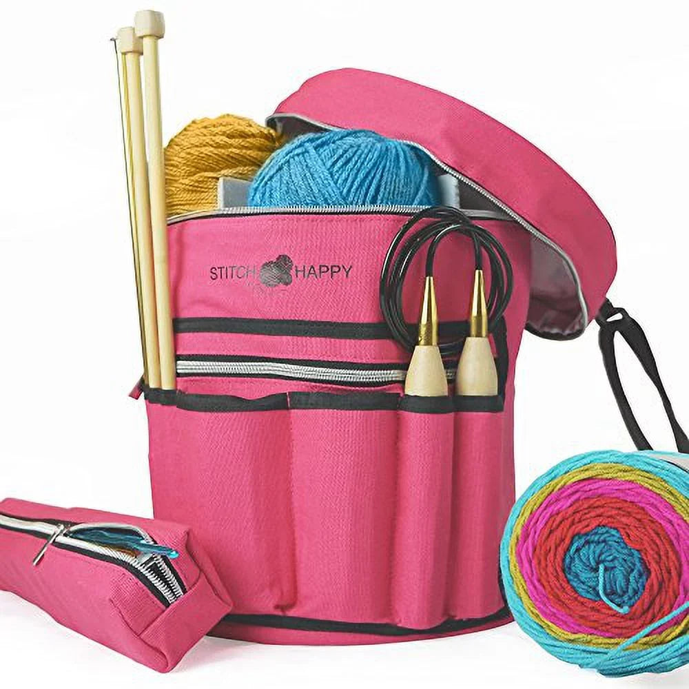 for Supplies by Yarn Storage - & Extra Pockets Knitting Projects, + Organizer Stitch (Fuchsia) Happy Bag Crochet Tote w/Tool 7 Case, of Divider