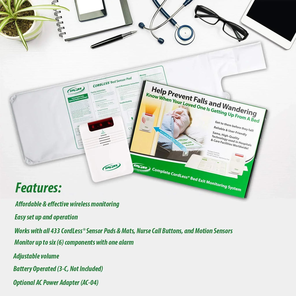 Exit Sensing Pad Monitoring While Falls 2 Piece System and Cordless Smart Caregiver Wandering Prevent Bed - Unattended, with Set Pressure Bed Help Alarm