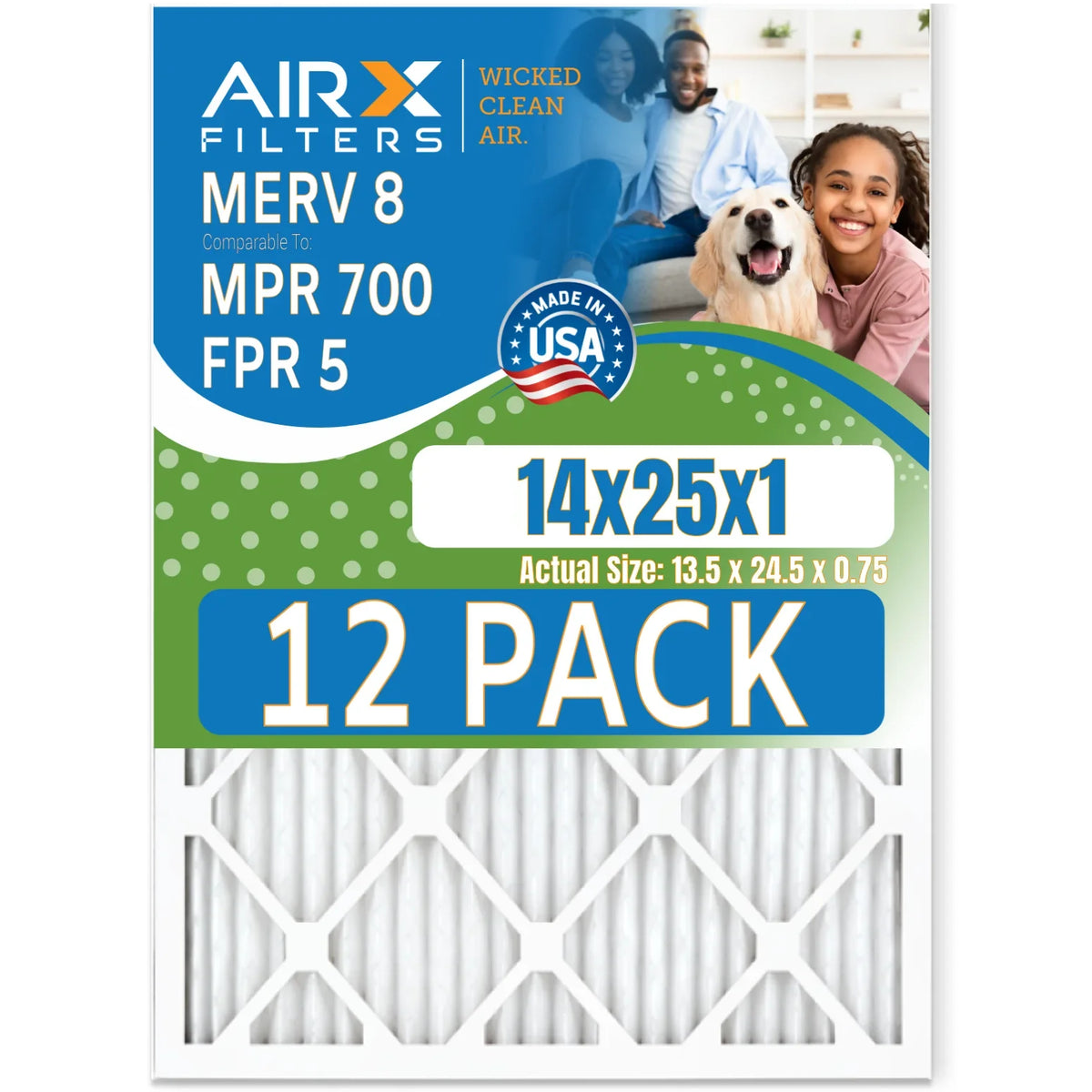 14x25x1 AIRX FILTERS FPR in MPR Pack & 12 by WICKED Rating, MERV of Filter to Air AIR. Made CLEAN 5 8 700 USA Comparable Furnace Filters -