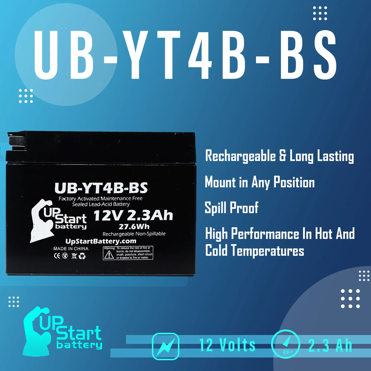 Yamaha Battery 12V, Maintenance 3-Pack Factory UpStart Battery Activated, Replacement Free, SR400 Motorcycle - 2.3Ah, UB-YT4B-BS 400CC 2002 for